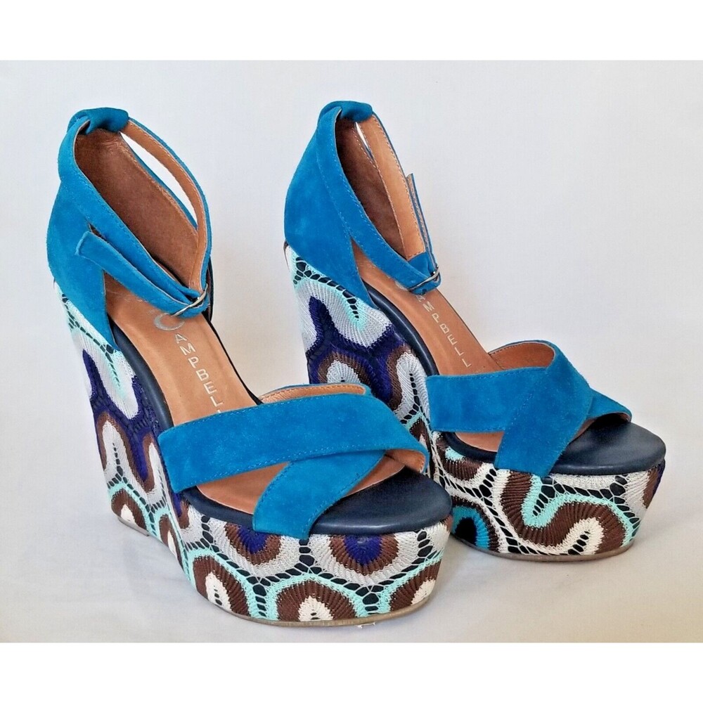 JEFFREY CAMPBELL Ibiza Bradshaw-2 Blue Crochet Wedge Platform Sandals Size 6.5